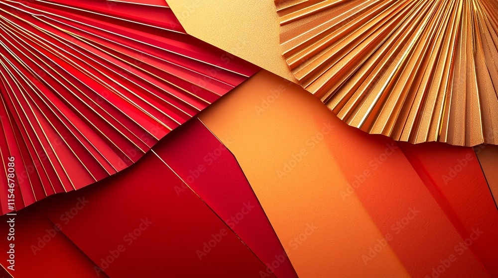 Aufkleber a modern red and orange textured background with sharp golden geometric lines and fan shapes