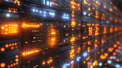 Futuristic server room with glowing digital panels.