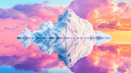 Majestic iceberg reflecting in calm, colorful water at sunset.