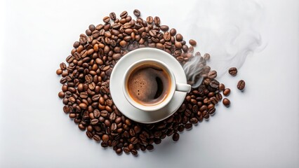 Isolated coffee cup, high-resolution aerial view.  Clean white backdrop.  Premium image.