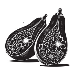 Papaya Silhouette Vector Illustration, Solid White Background.