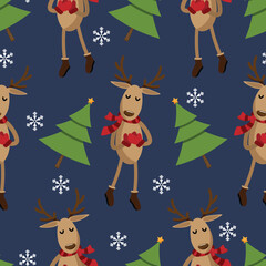 Seamless pattern of cute reindeer wearing red scarf and gloves with Christmas tree and snowflakes on dark blue background. Cute Christmas holidays cartoon design for greeting season