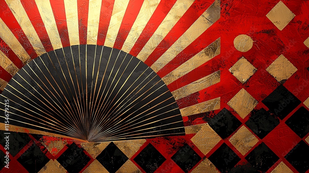 Poster a bold red and black checkerboard with sharp geometric patterns and layered golden fan elements