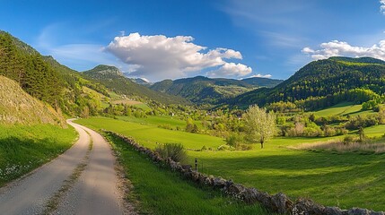 Fototapeta premium Panoramic Road View in Lush Countryside During Sunny Spring Day