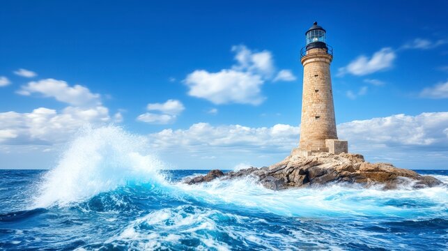 Majestic lighthouse on rocky outcrop amidst crashing ocean waves under a vibrant blue sky.