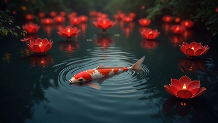 Koi Fish in Lotus Pond, Serenity Scene - 3D renderings of nature sc.
