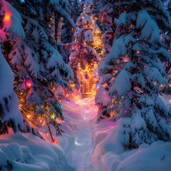 Fototapeta premium Enchanting Winter Wonderland Scene with Christmas Lights in Forest