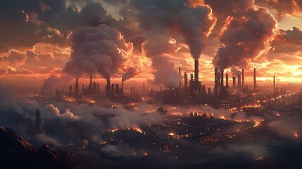 23. A chemical factory site with large, dangerous clouds of toxic fumes billowing from the stacks, with a polluted environment