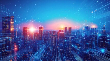 Obraz premium Futuristic Vector Illustration of Urban Cityscape at Dusk