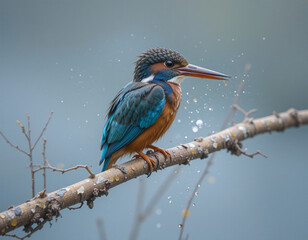 Colorful Kingfisher Perched on Branch, Water Splashing