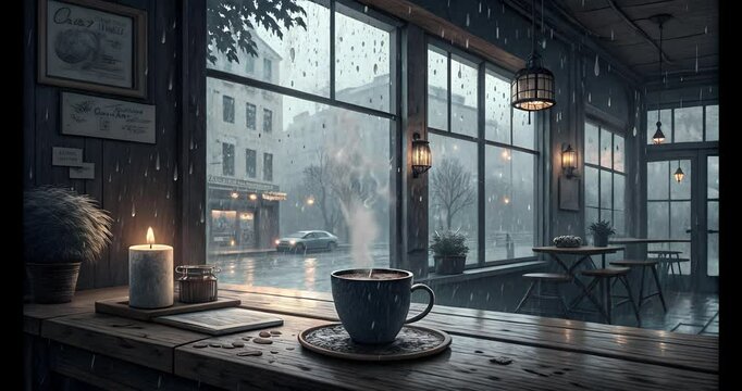 Coffee Cup with Smoke in Rainy outside Cafe