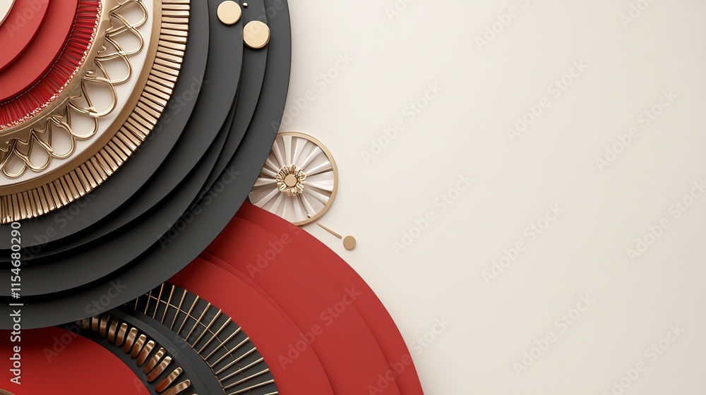 Poster a layered red and black background with circular gold accents and intricate geometric patterns