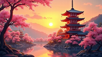 Obraz premium Serene Japanese Pagoda Sunset - Digital art illustrations