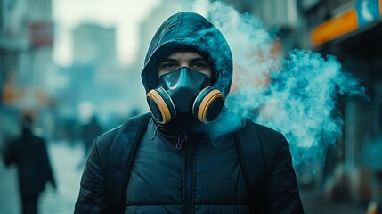 9. A person wearing a protective mask near a smokestack, with visible toxic fumes being released into the air