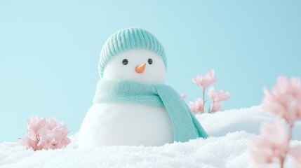 Obraz premium Cute Snowman with Teal Winter Wear on Snowy Meadow with Pink Flowers