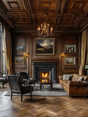 Fototapeta premium Elegant Library With Fireplace And Wooden Paneling