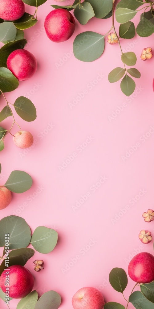 Poster minimalist fruit and eucalyptus frame on soft pink background - trendy flat lay style