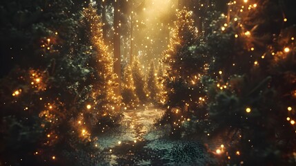 Naklejka premium Mystical Forest with Glowing Magical Lights and Sparkling Atmosphere
