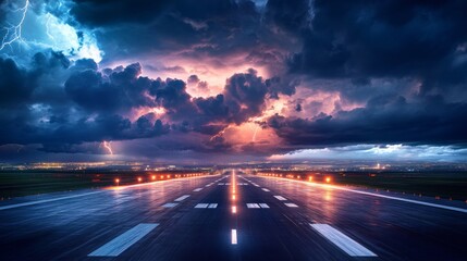 Dramatic Stormy Sky Above Runway with Lightning