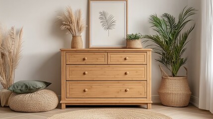 Wooden dresser with plants and pampas grass in a minimalist room.
