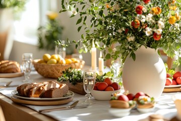 An elegantly arranged Easter table adorned with vibrant flowers, festive fruits, and freshly baked bread, inviting warmth, joy, and togetherness for all during this joyful holiday gathering