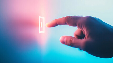 image of a human hand interacting with an AI digital button, soft muted pastel colors, clean background, smooth and sleek design, focus on technology and innovation