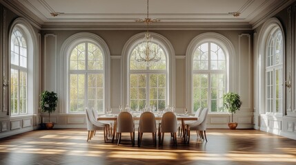Elegant Dining Room with Large Windows and Sunlight