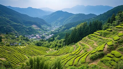 Fototapeta premium Terraced Tea Plantations Cascading Down Hillside in Japan