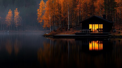Obraz premium Cozy cabin on a tranquil lake at autumn dusk.
