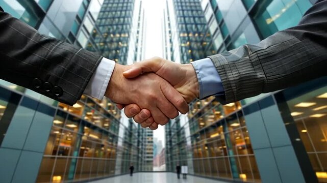 Two business professionals are shaking hands in a modern urban area, surrounded by tall glass buildings. The scene conveys a sense of agreement and collaboration