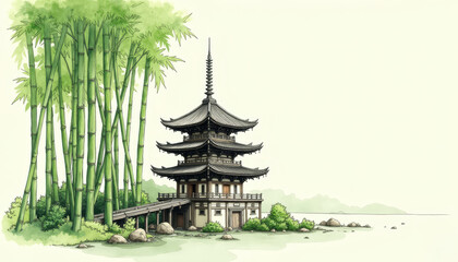 Hand-drawn pagoda next to bamboo and rocks in a serene and peaceful setting