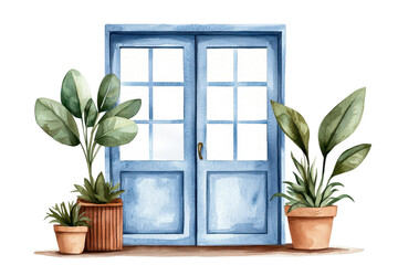Floral Watercolor Curtain Framing a Blue Door