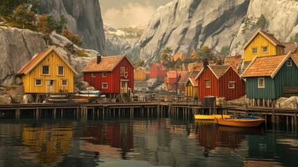 Fototapeta premium A Nordic village by a fjord, quaint wooden houses painted in red and yellow, surrounded by rugged cliffs, a wooden pier with fishing boats, reflections in the still water 