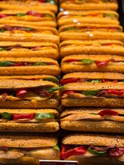 various sandwich, pizza, bagel display in shop