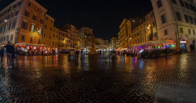 Campo De' Fiori Rome Night Square Timelapse Busy Tourists Lights Cars Restaurants Italy