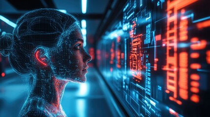 Digital Woman Facing Futuristic Interface: A Glimpse into the Metaverse