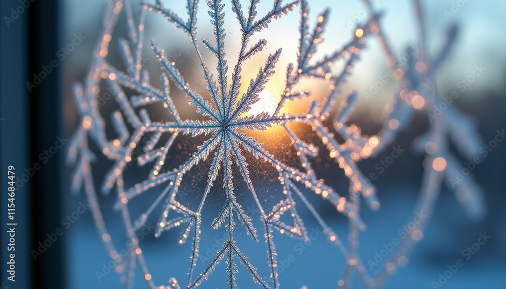 Poster close-up of a stunning frost crystal snowflake on a window pane illuminated by sunlight