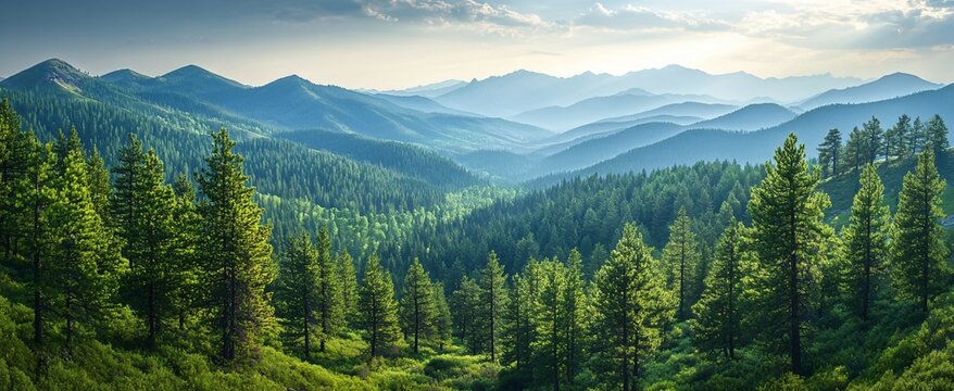 Lush Green Mountain Landscape with Pine Trees at Sunrise Light