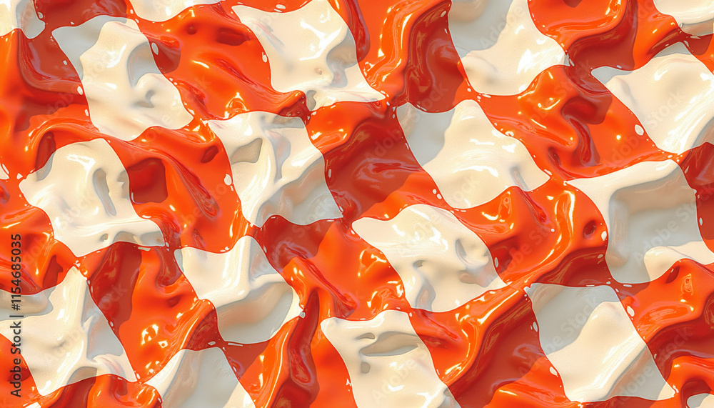 Poster distorted checkered patterns with glossy orange and white colors in a playful style