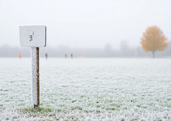 Frosty Football Field with Scoreboard and Players Warming Up Under Gray Sky