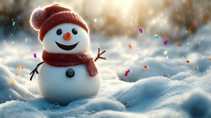 Fototapeta premium Happy Snowman In Winter Wonderland With Confetti