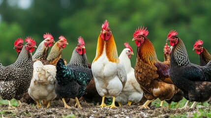 A Colorful Flock of Chickens in a Lush Green Setting