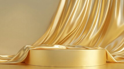 Golden luxurious fabric draped over minimalist podium on gold background, perfect for product display or gallery backdrop – 3d render