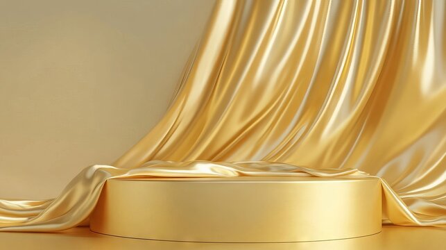Golden luxurious fabric draped over minimalist podium on gold background, perfect for product display or gallery backdrop – 3d render