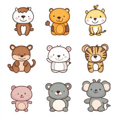 Obraz premium Cute Cartoon Animal Characters Collection Featuring Bear, Tiger, Lion, Koala, and Other Adorable Creatures in Playful Design for Kids' Illustrations