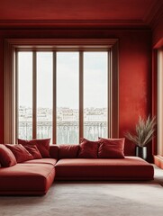 Fototapeta premium Red Living Room Sofa Large Window City View