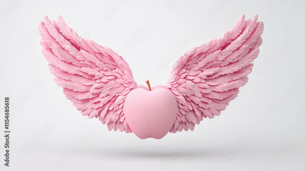 Poster a whimsical design featuring a pink apple with feathery wings, combining elements of fantasy and cre