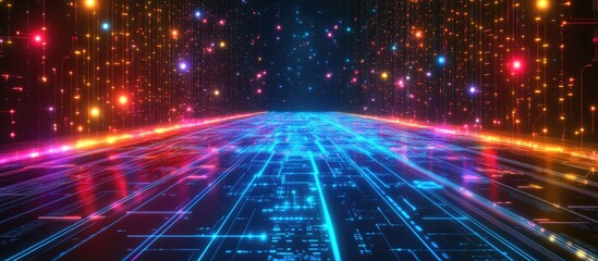 Naklejka premium Digital Highway: A Journey into the Neon Metaverse