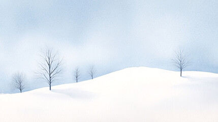 Obraz premium A minimalist watercolor representation of a snowy January hillside, with rolling white drifts and sparse, leafless trees. The sky is a blend of muted blues and silvers, creating a cold but calming