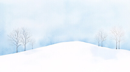 Obraz premium A minimalist watercolor representation of a snowy January hillside, with rolling white drifts and sparse, leafless trees. The sky is a blend of muted blues and silvers, creating a cold but calming